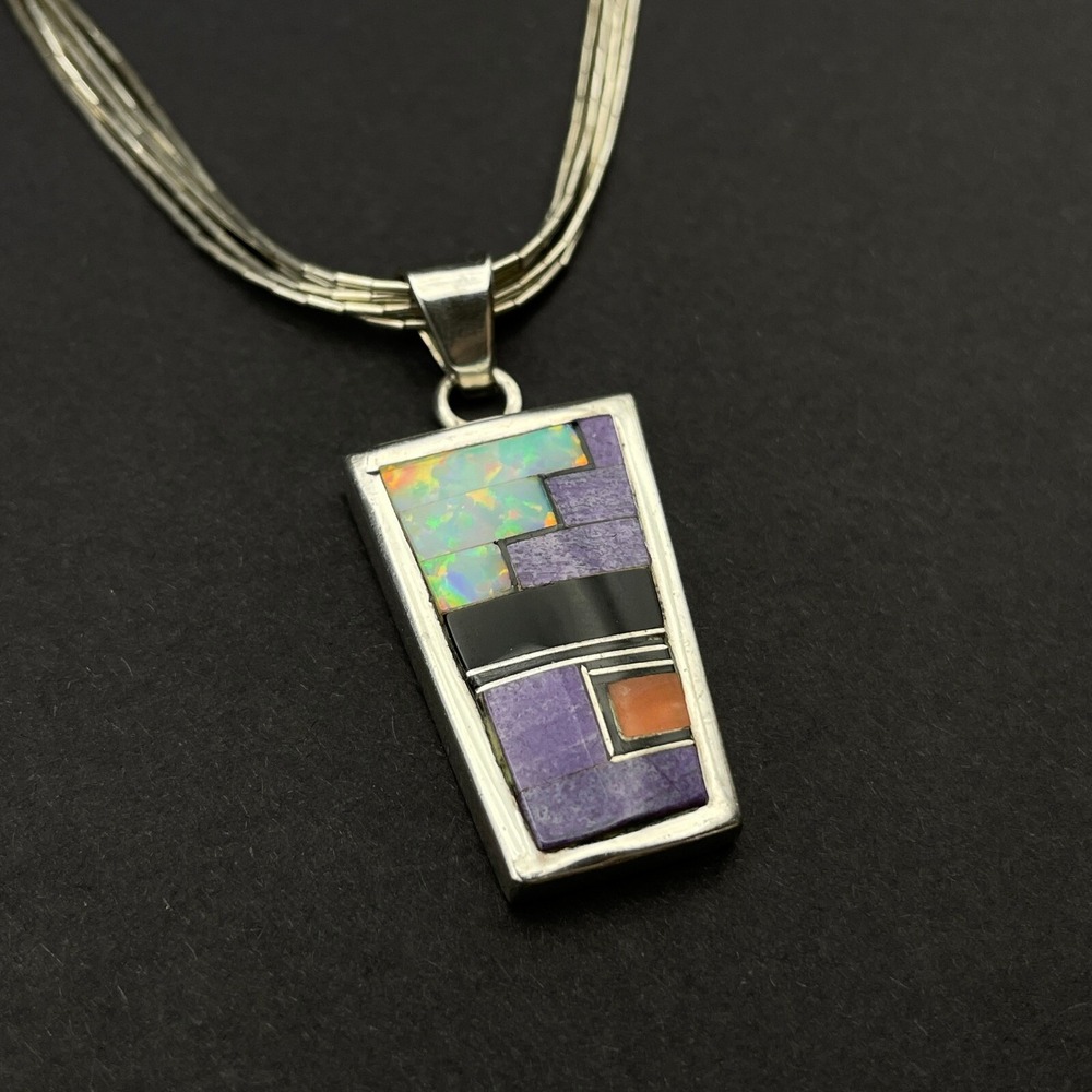 Vintage Native Scenic Reversable Gemstone Inlay Pendant Liquid Silver Necklace - Picture 4 of 12